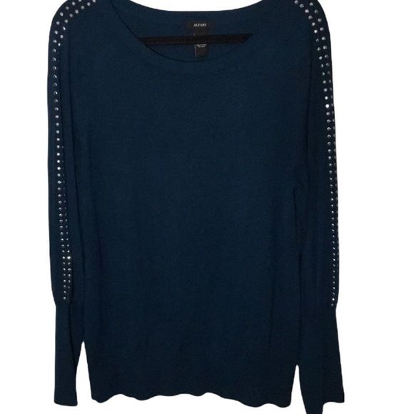 Alfani Tops - ALFANI Sweater Hunter Green Scoop Neck Pullover Silver Stud Accented Sleeves